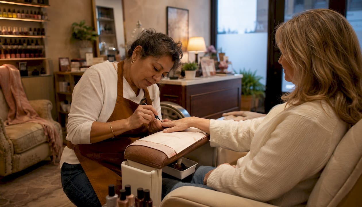 Suburban nail salon with technician and client
