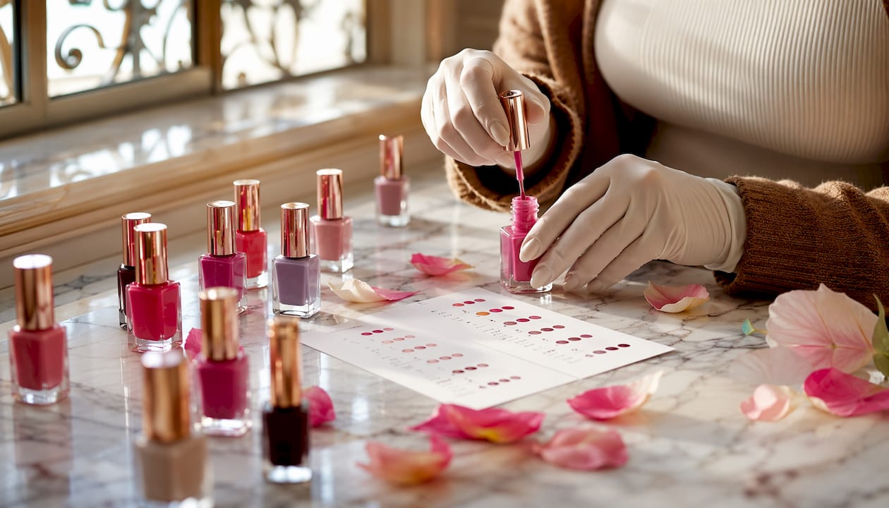 Close-up of nail polish bottles with chemical ingredient labels
