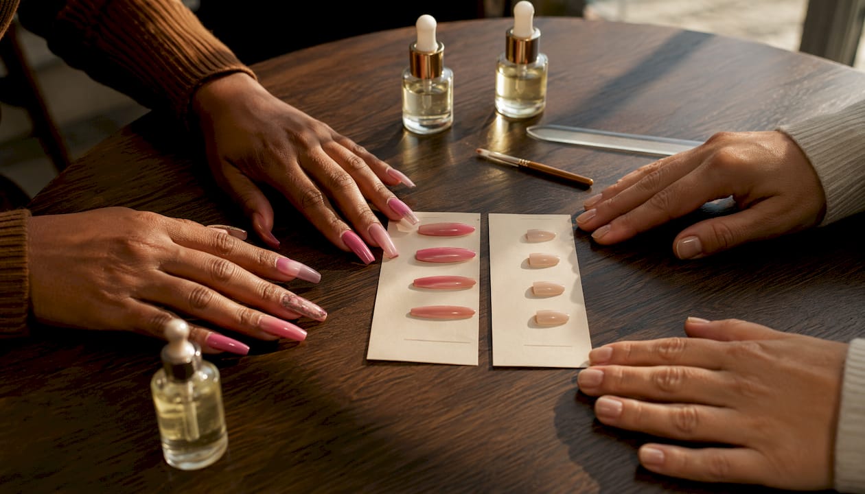 Flat lay comparing acrylic and gel nails
