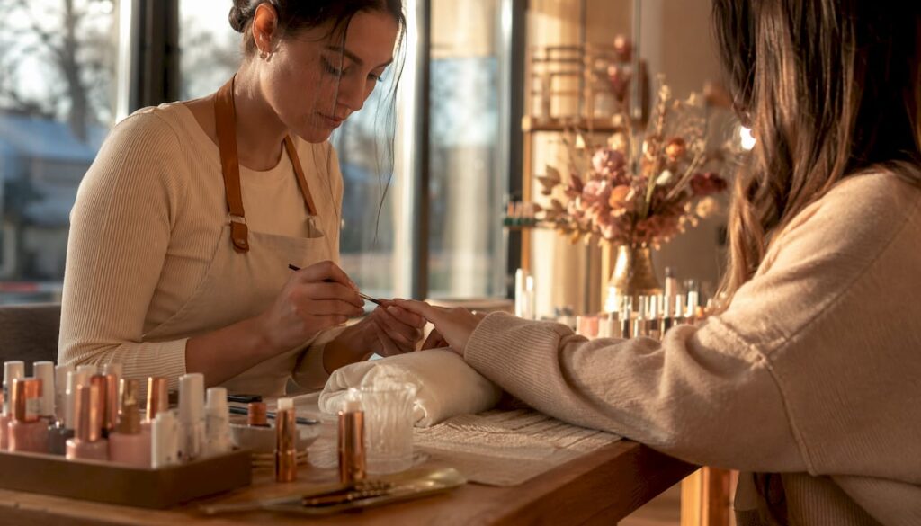 Close-up of gel x nail application process