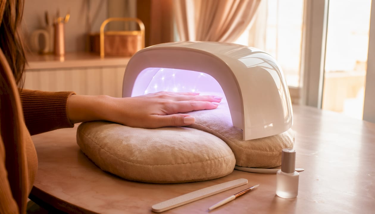 Woman curing hard gel nails under LED lamp in salon