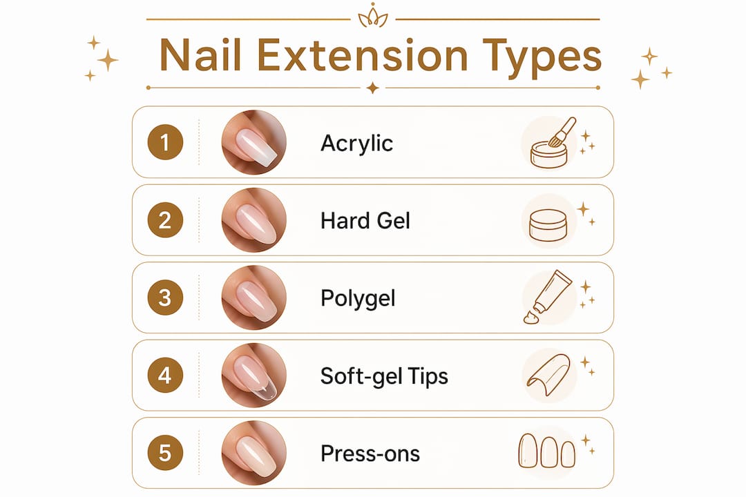 Infographic illustrating main nail extension types and steps