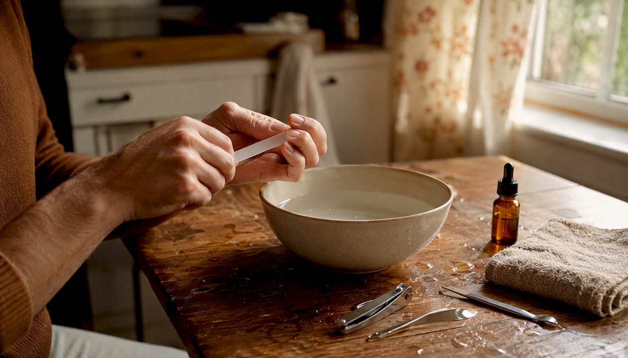 Hands soaking for manicure with tools nearby