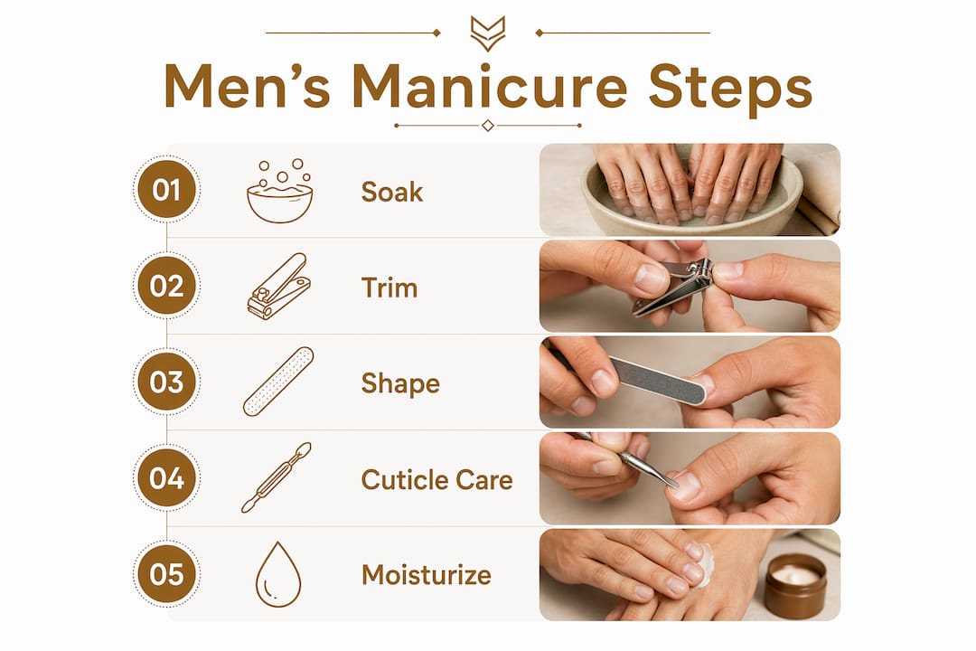 Infographic illustrating men's manicure steps in sequence