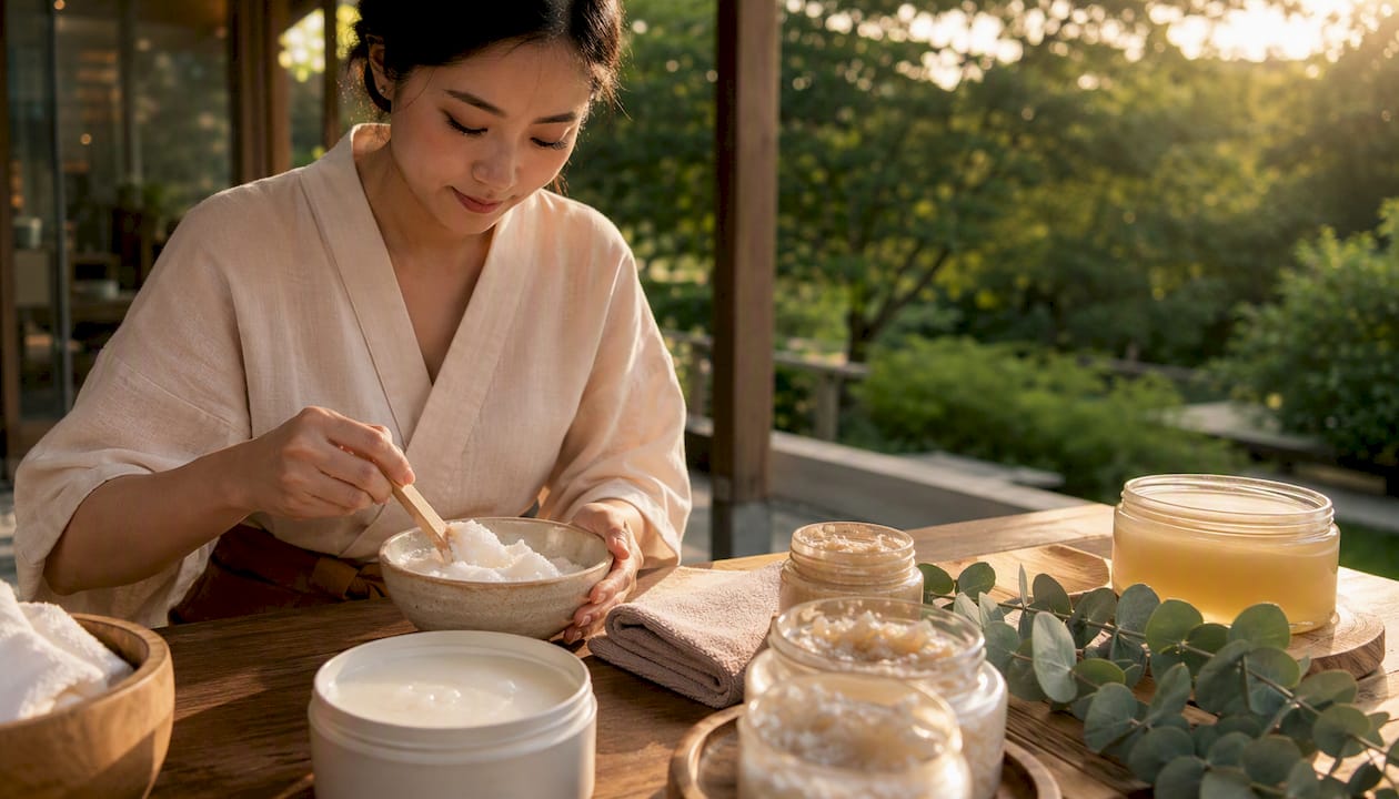 Close-up of spa exfoliation products and technician's hands