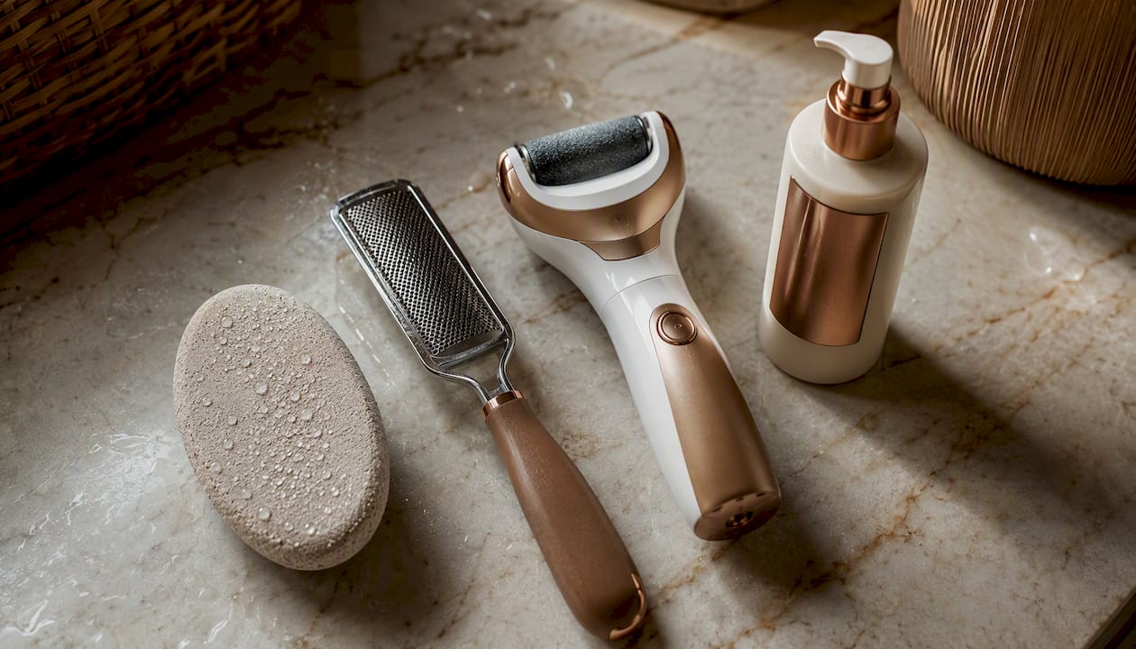Professional callus care tools on spa counter