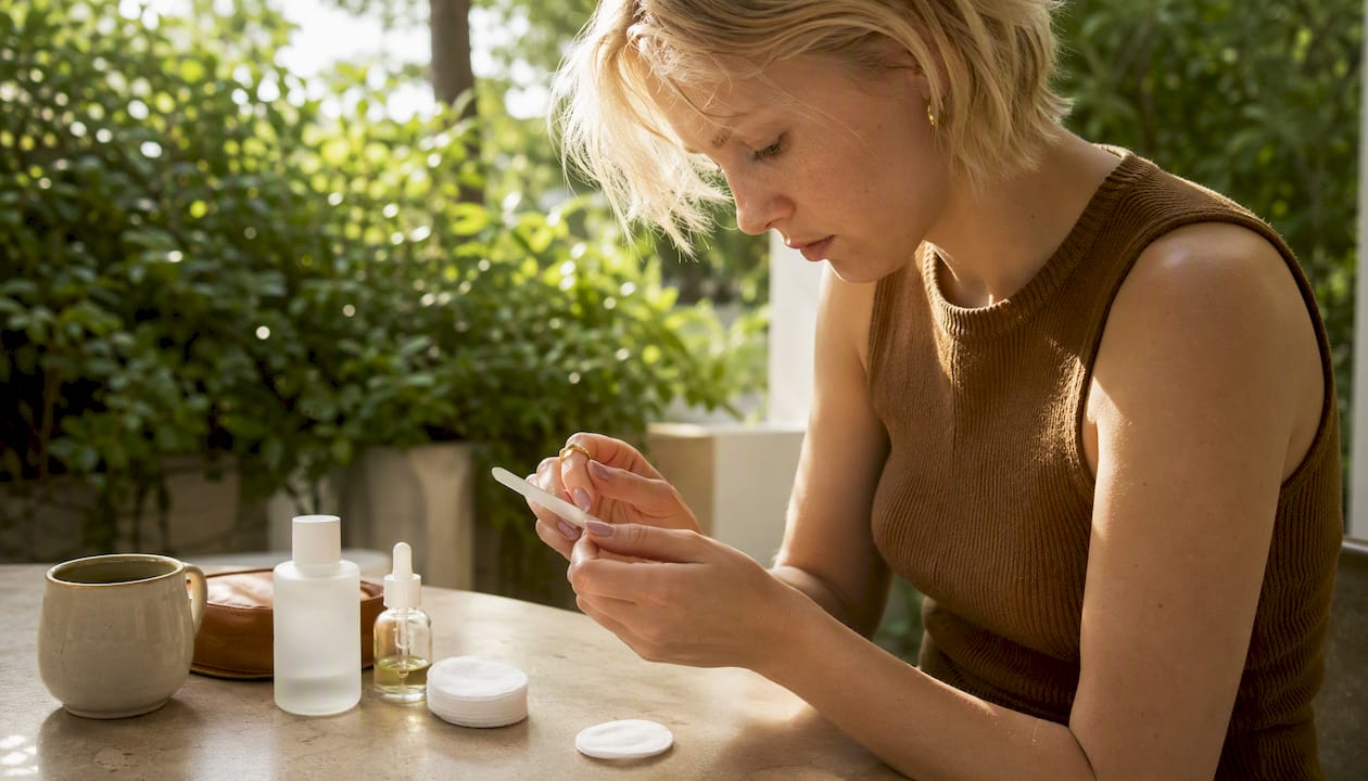 Woman prepping nails for French manicure