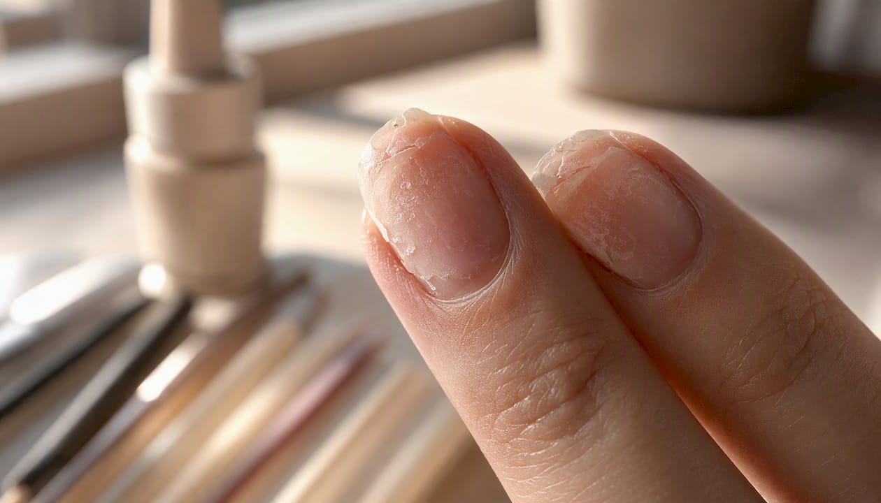 Close-up of damaged brittle fingernails