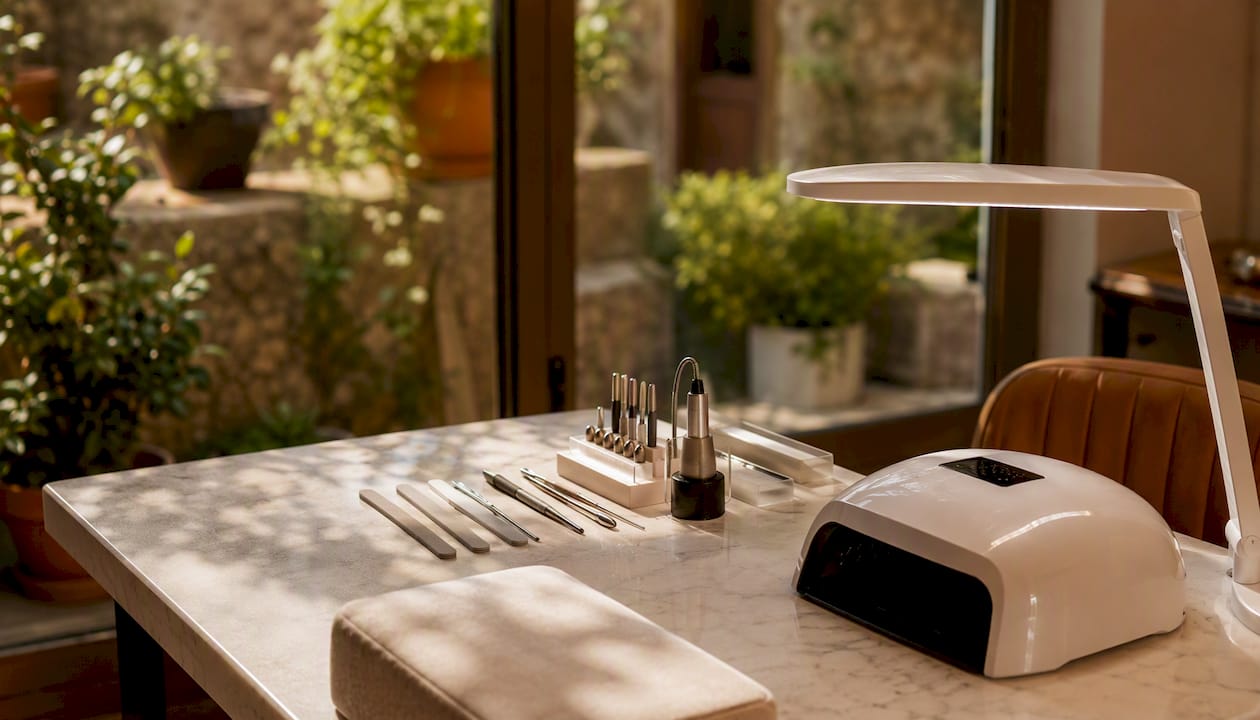 Professional nail lamp and files on salon table