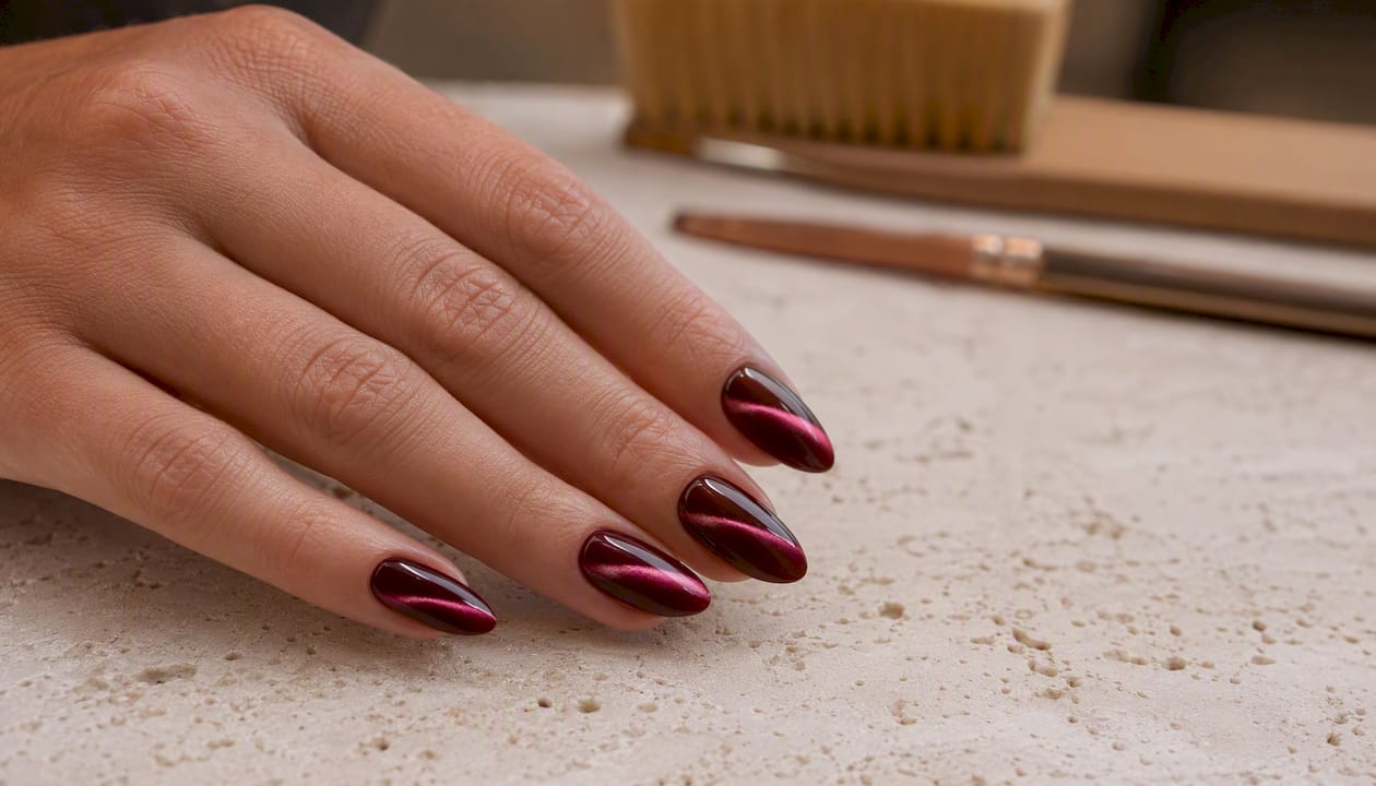 Classic cat eye nails on dark navy base