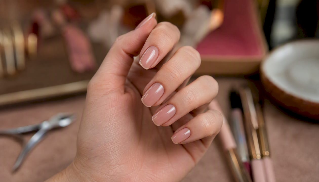 Natural nails with flexible builder gel overlay
