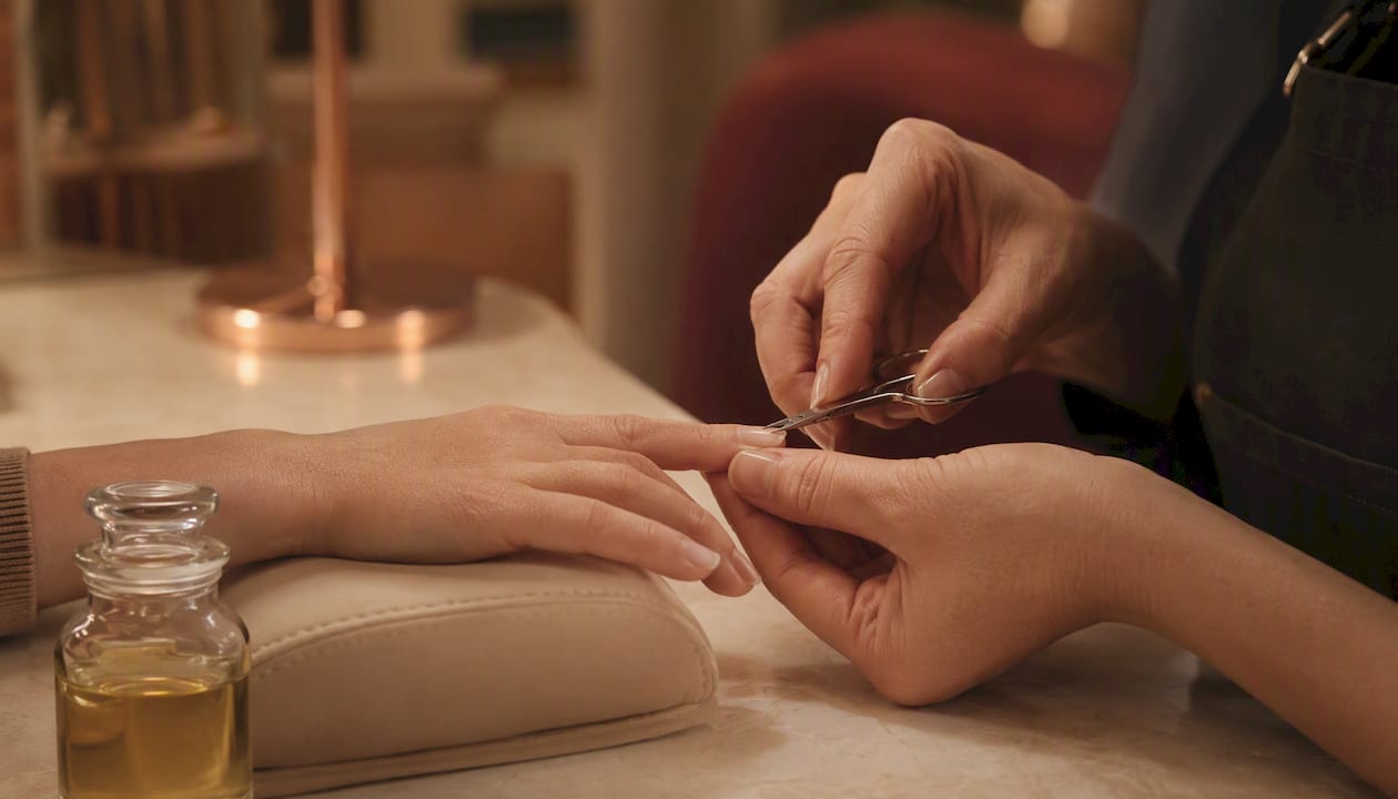 Technician trimming damaged nail edges