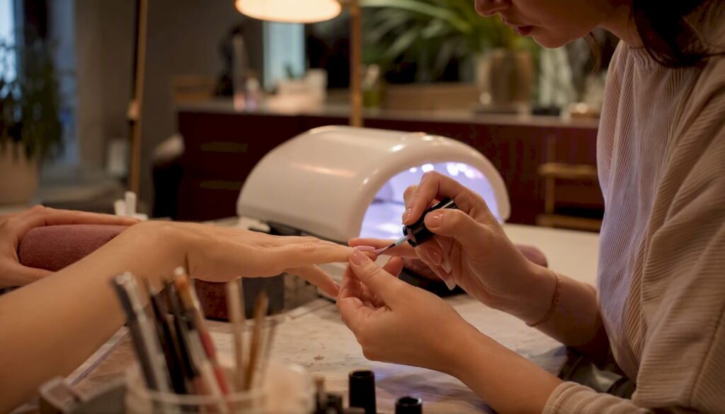 Nail technician applying gel polish close-up