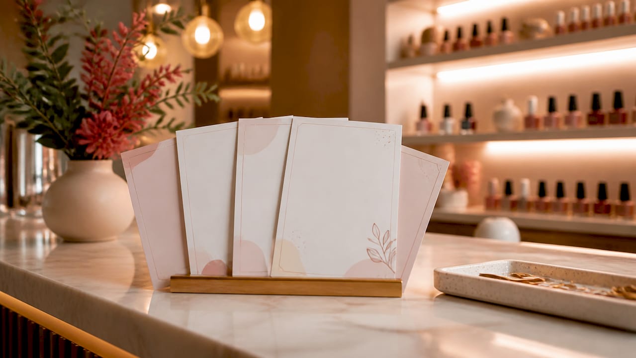 Manicure service pricing cards on salon counter