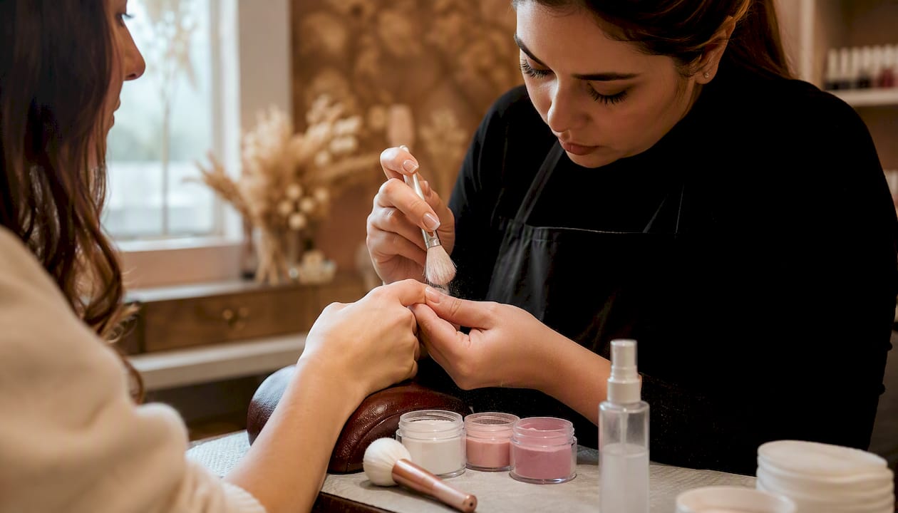 Technician dipping nails for dip powder manicure