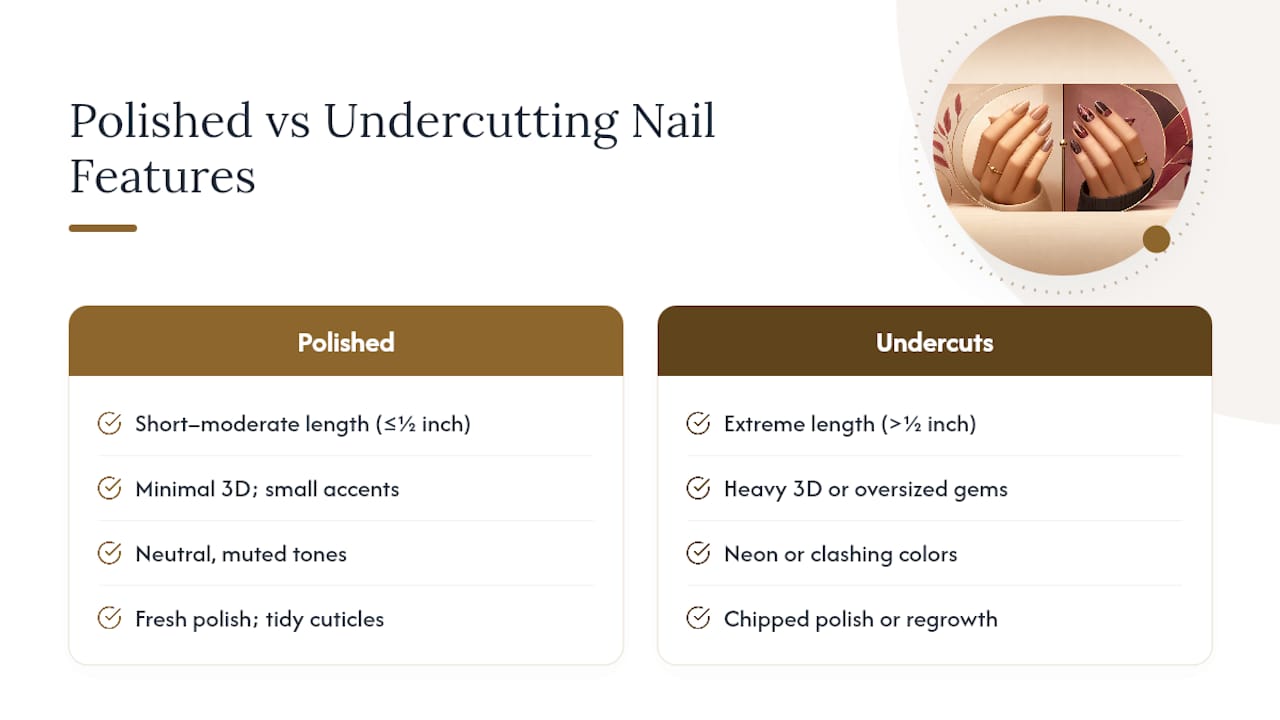 Diagram comparing professional and unprofessional nail design features
