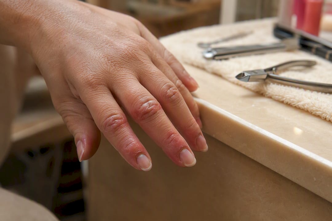 Swollen fingertips with redness from gel nail allergy