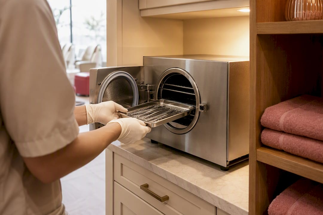 Technician checking salon autoclave