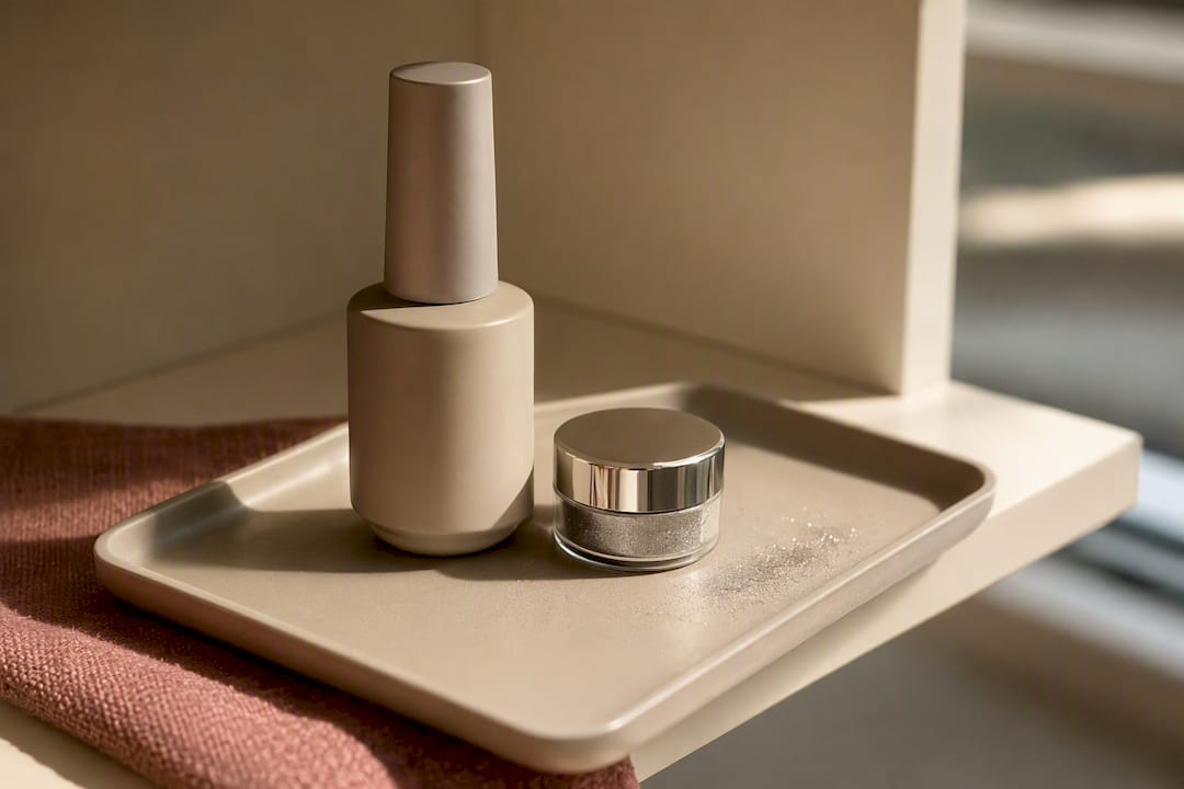 Dedicated topcoat bottle beside chrome pigment