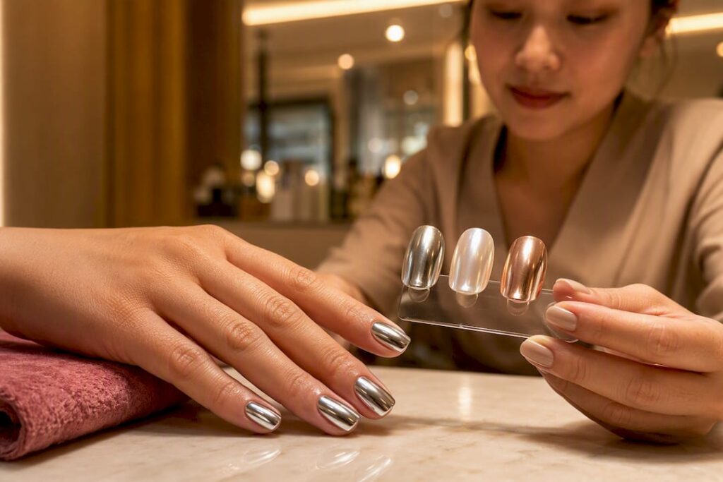 Three chrome nail finishes at a luxury salon