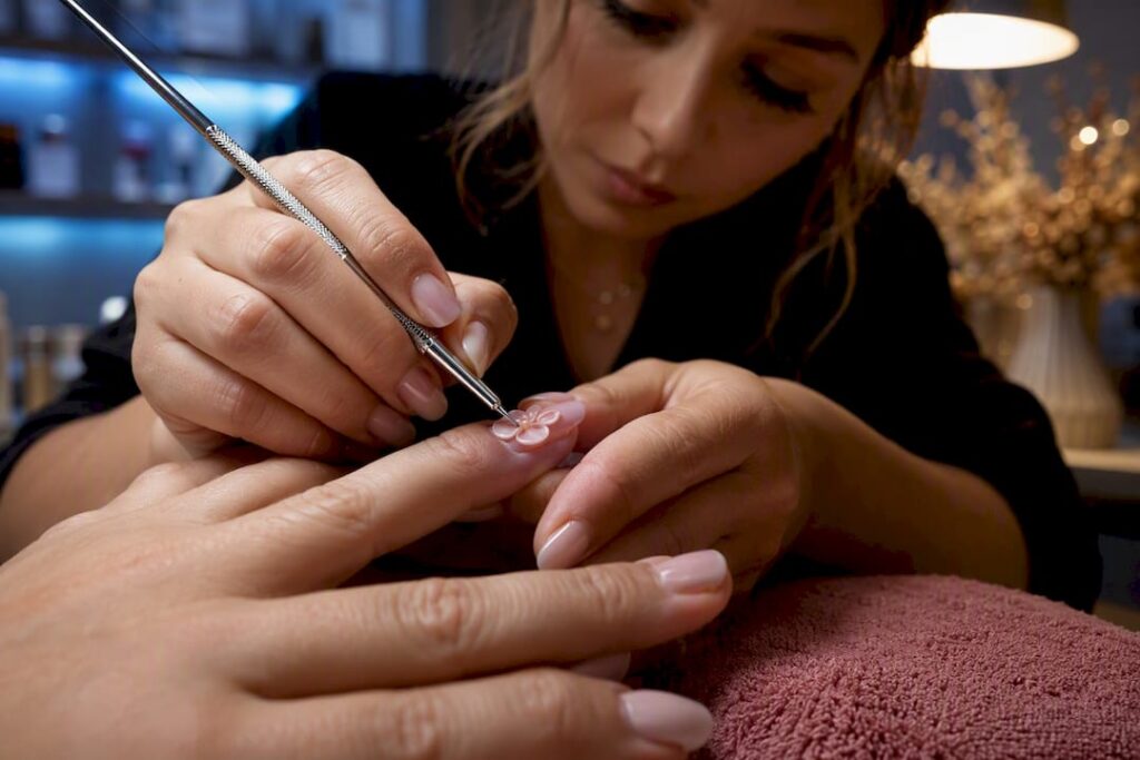 Technician sculpting raised 3D floral nail art