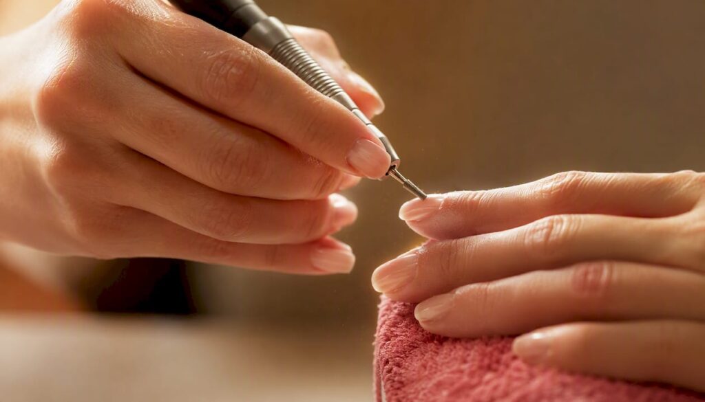 Technician carefully using an electric nail file