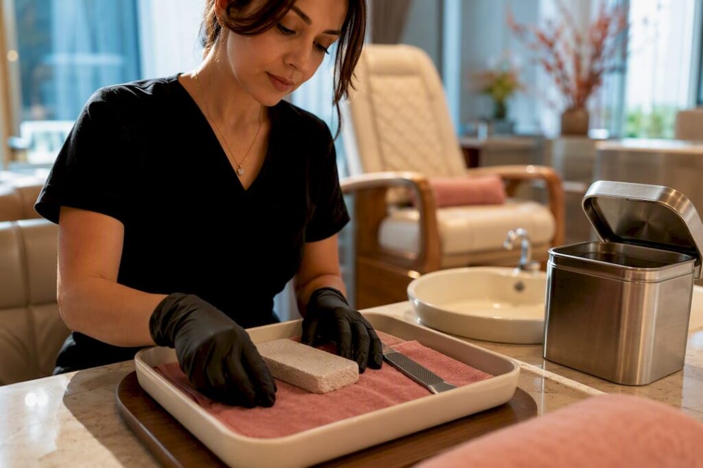 Safe pedicure tools prepared in salon
