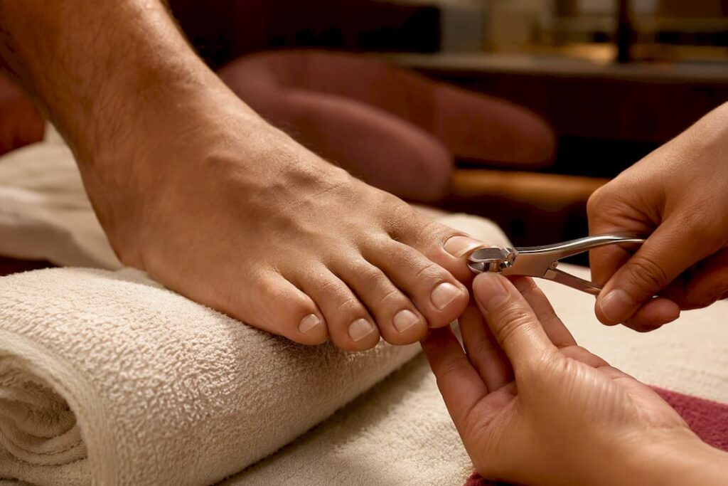 Technician trimming toenail straight across