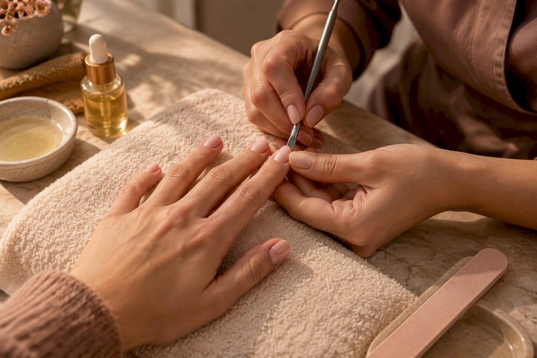 Cuidado delicado de cutículas en uñas cortas