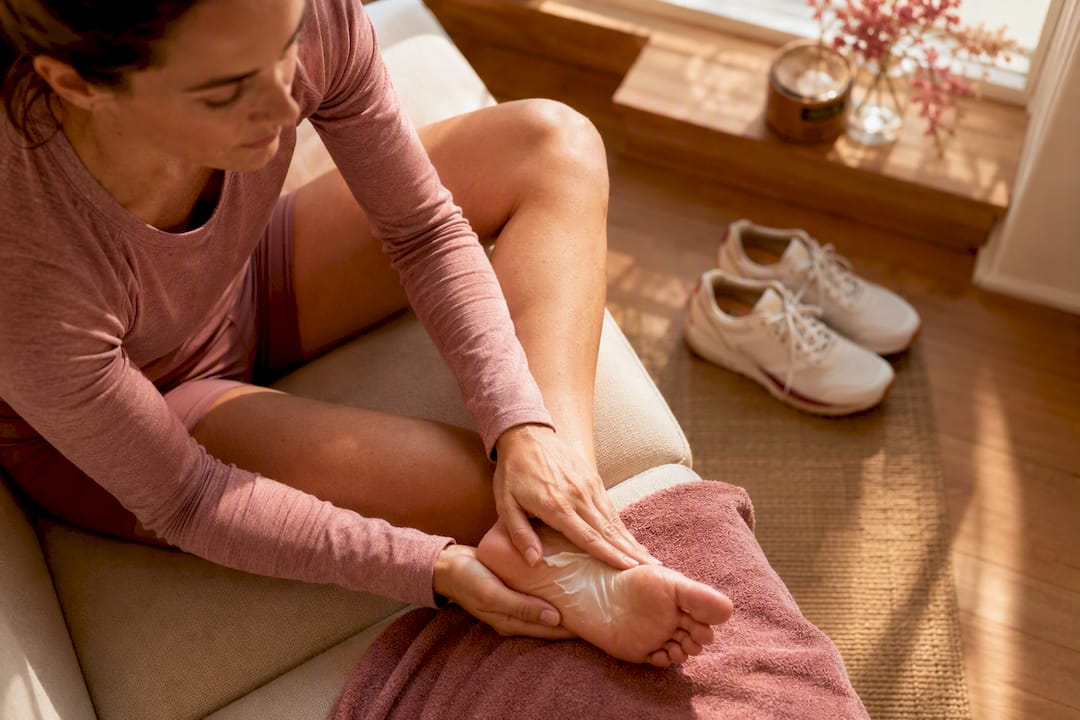 Runner moisturizing foot after pedicure