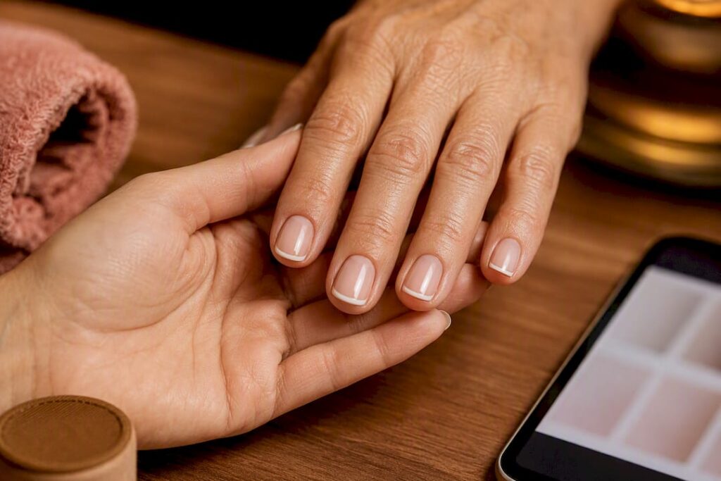 Micro French tips on short mature nails