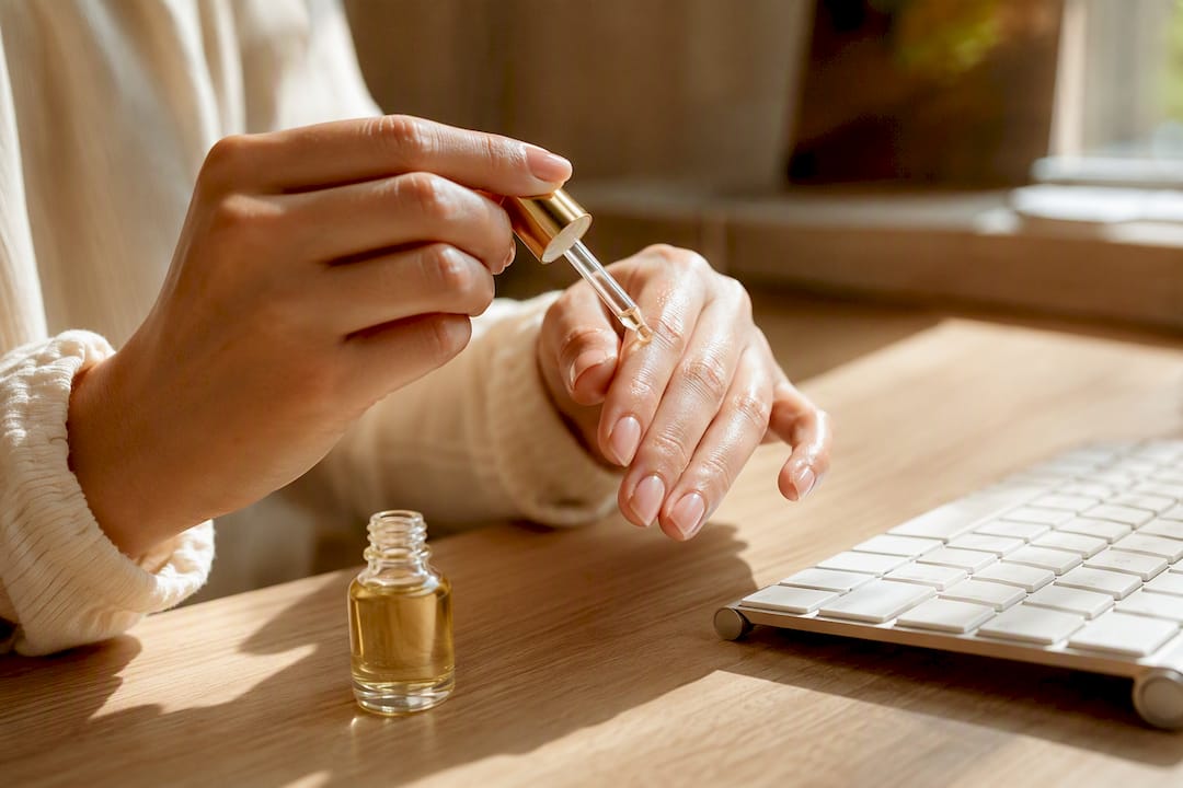 Aplicación de aceite para cutículas junto al teclado