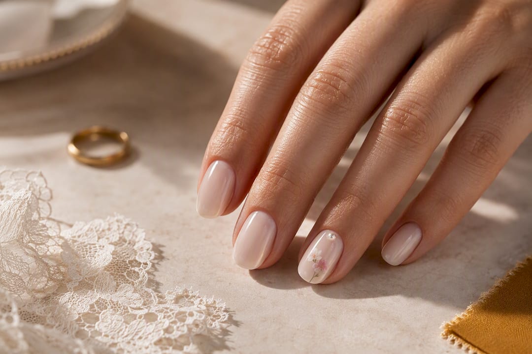 Manicura nupcial con perlas y micro flores