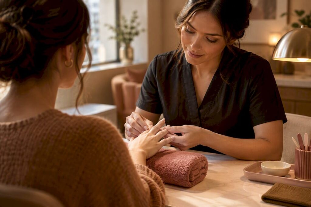 Technician consulting with first-time manicure client