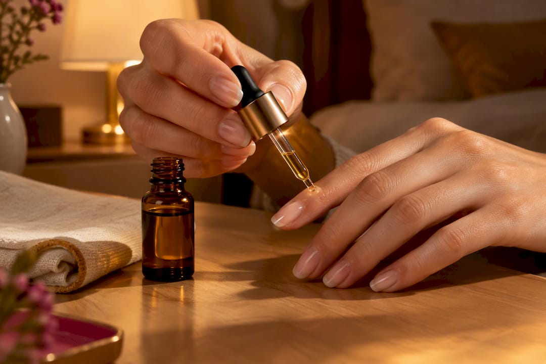 Applying nourishing oil to nail cuticles
