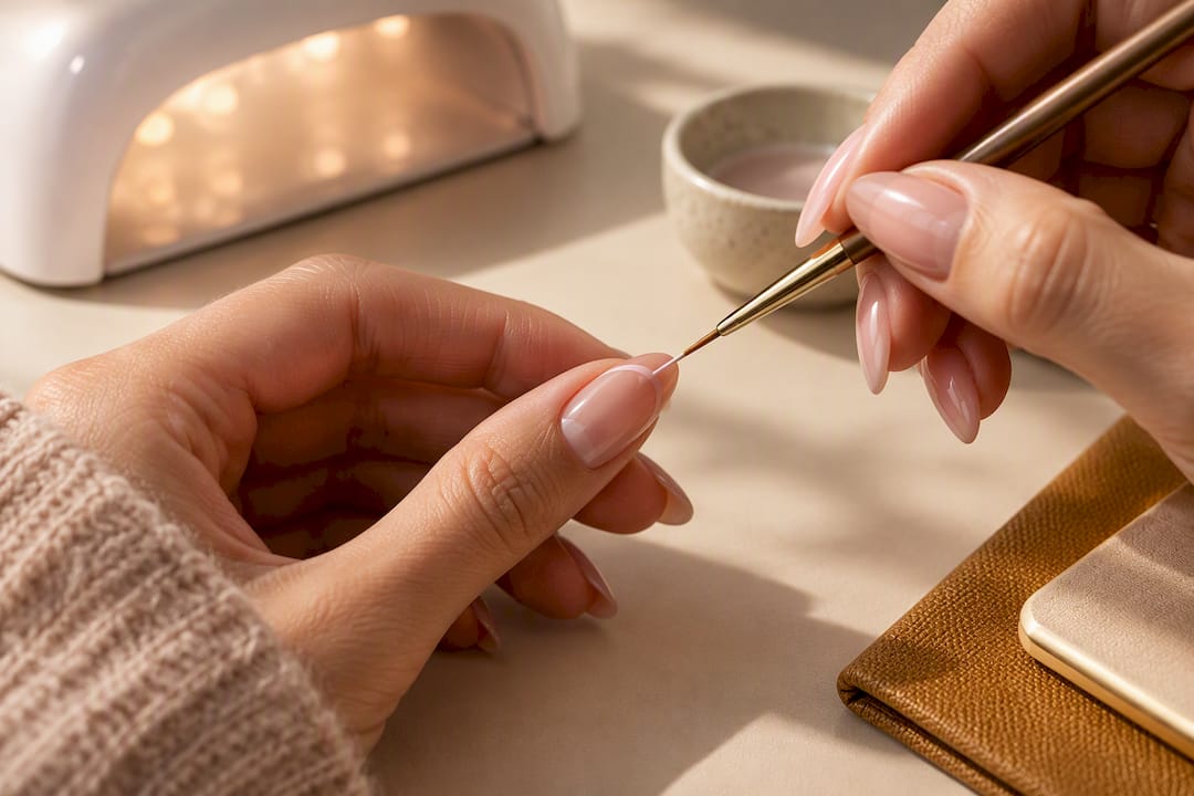Pincel aplicando esmalte cerca de la cutícula