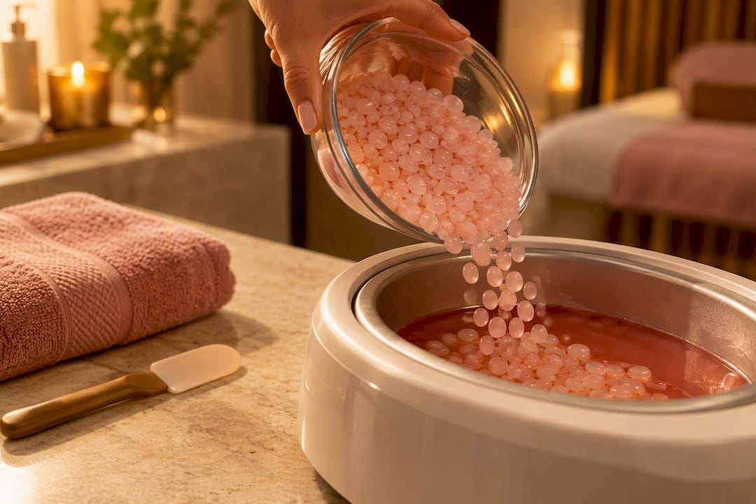 Perlas de parafina junto a calentador cosmético