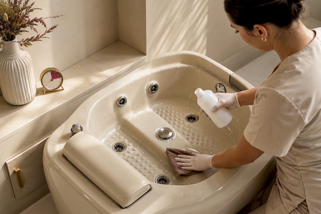 Technician disinfecting a foot spa basin