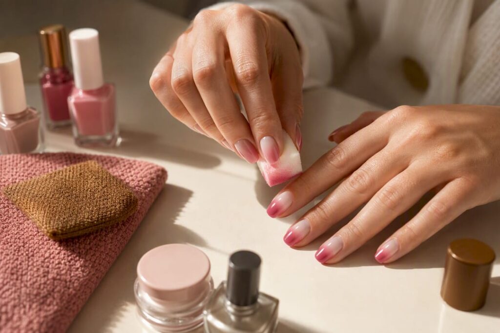 Home ombré manicure with blended pink tips