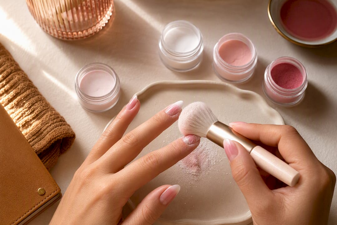 Hands tapping excess dip powder from nails