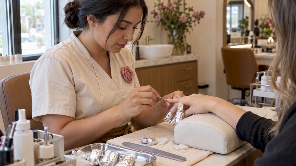Technician safely removing Gel X nails