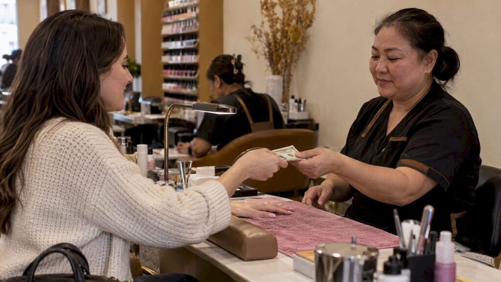Client handing cash tip to nail technician