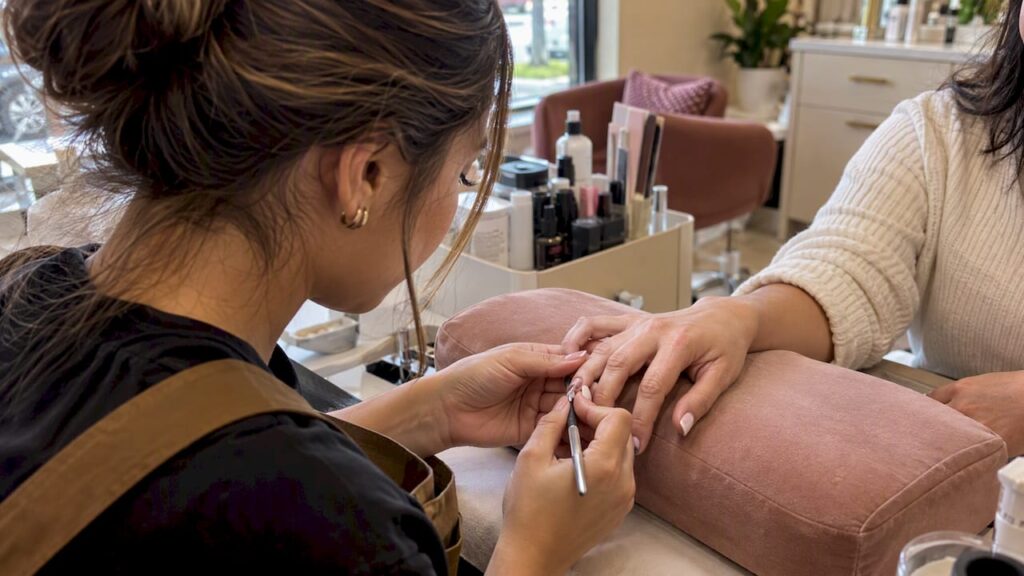 Technician examining lifted gel polish