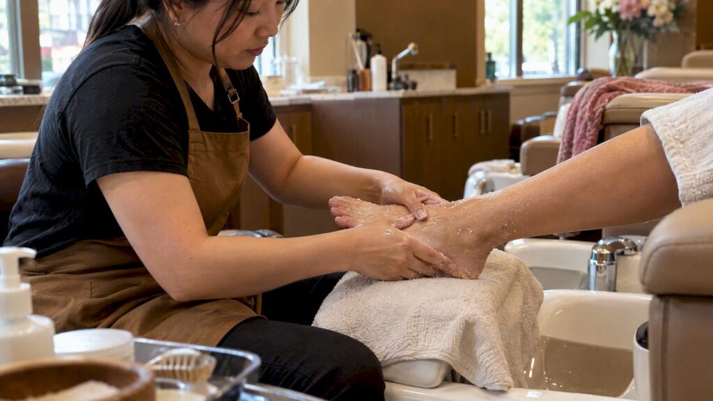 Technician applying foot scrub during pedicure