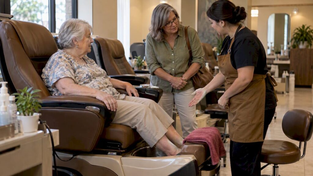 Senior client discussing safe pedicure accommodations