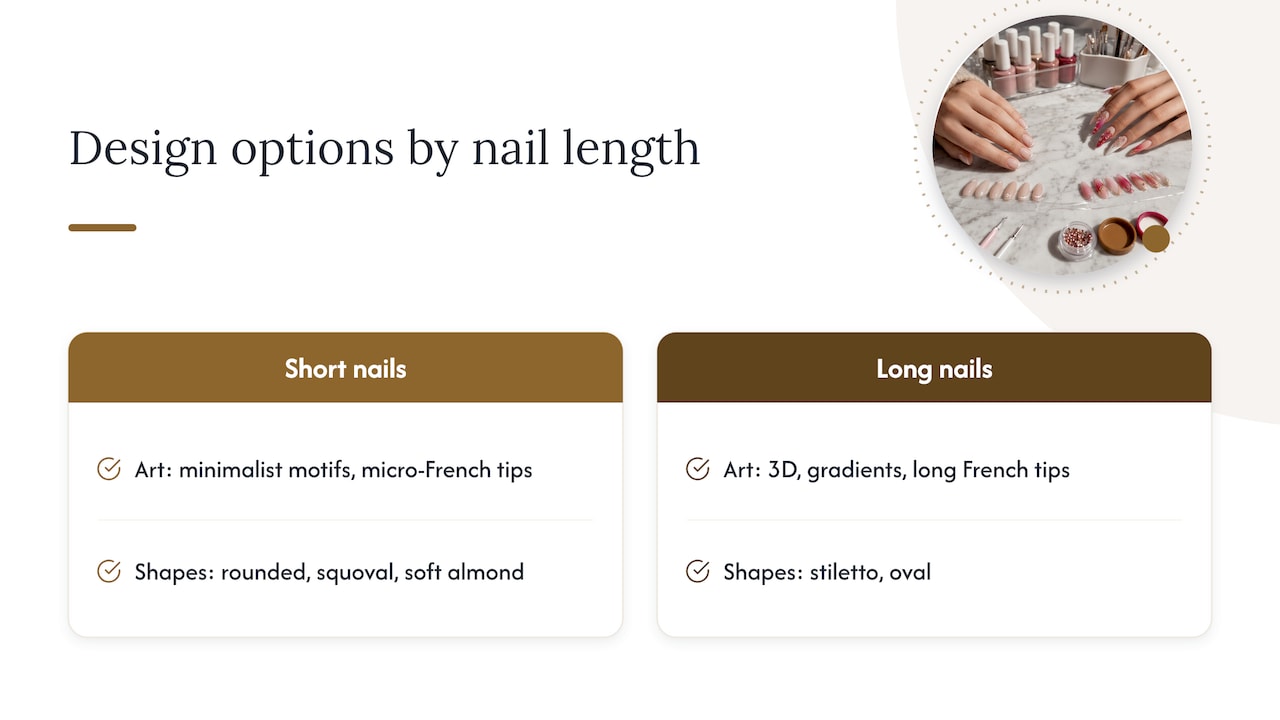 Nail art and shape options for short and long nails