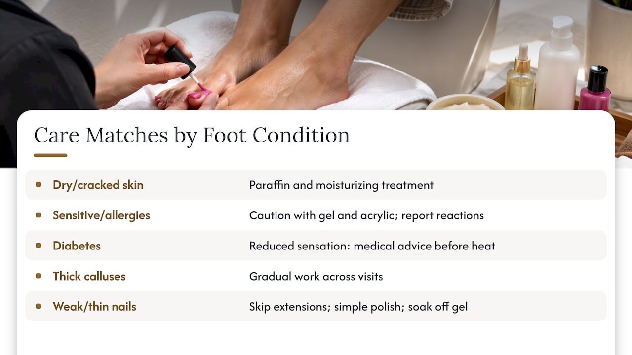 Foot conditions matched with pedicure add-on guidance