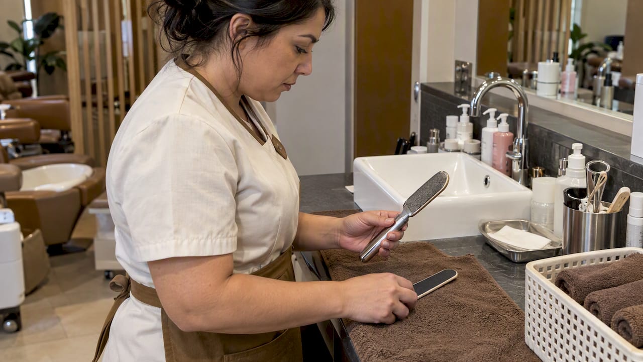 Technician checking reusable and fresh pedicure files
